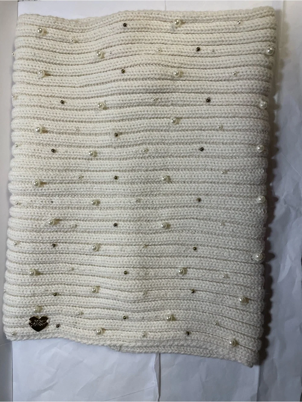 Betsey Johnson Cream Knit Infinity Scarf Pearl Accent Women’s One Size